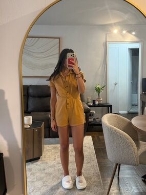 BDG Mustard Yellow Button-Front Short Sleeve Denim Romper